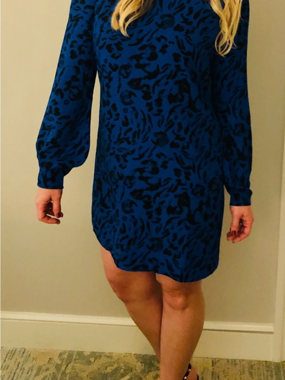 Blue Animal-Print Long-Sleeve Shift Dress